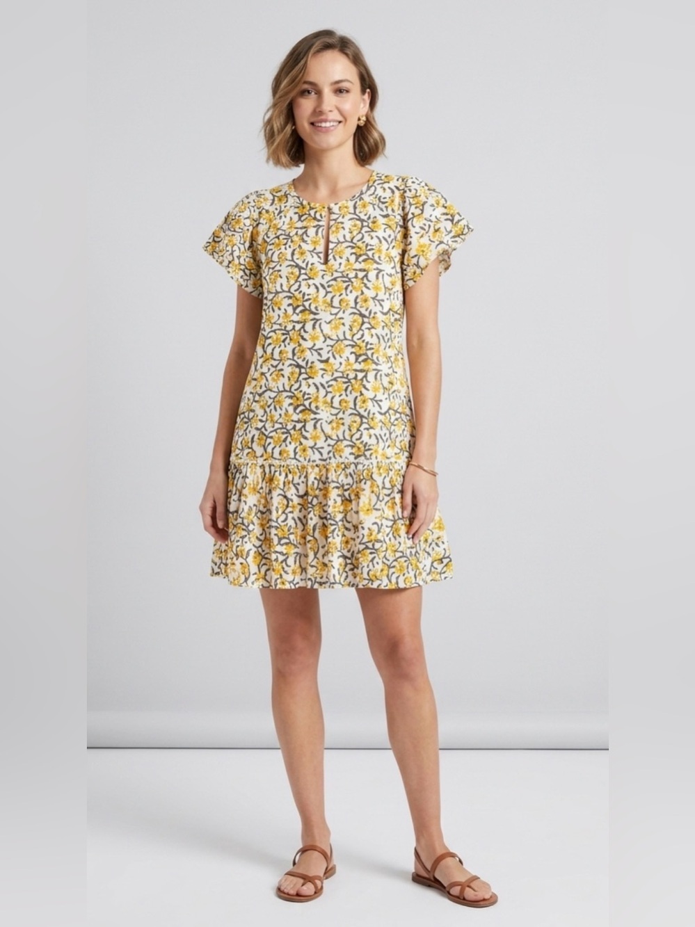 Lilla P Boho Flutter Sleeve White/Yellow Floral Print Tiered Cottagecore Dress